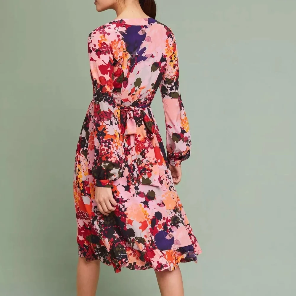 Anthropologie Printed Silk Wrap Dress, Sz 10 - Picture 14 of 14